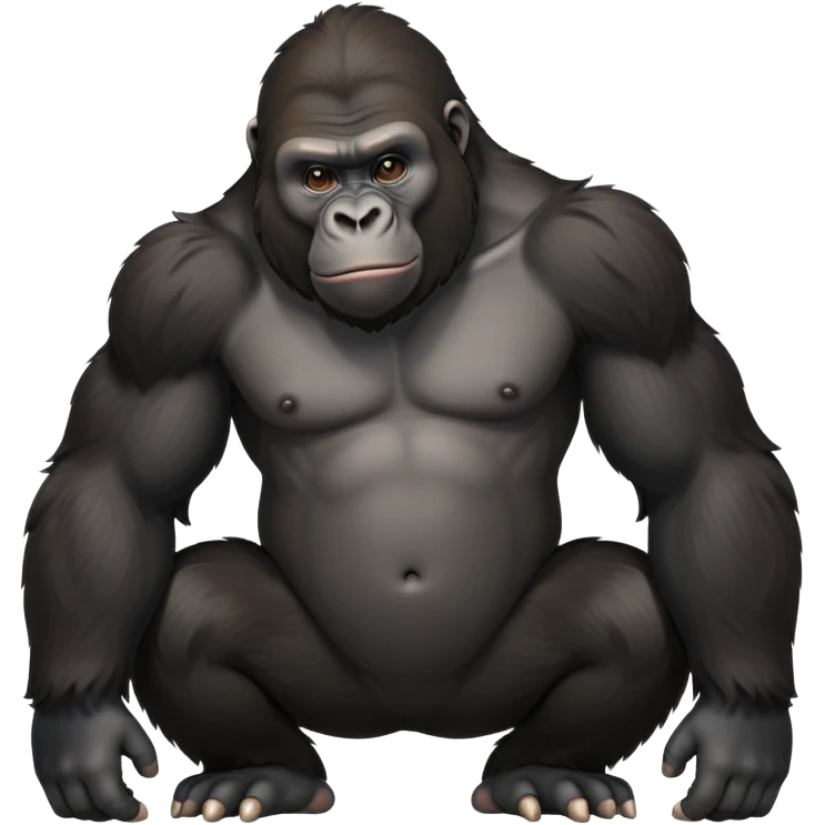 cinematic-friendly relaxed young gorilla-realistic-full-body-crouched on all fours on knuckles-emoji,-poised-with-confidence,-massive-arms-hanging-slightly-forward,-head-tilted-thoughtfully,-thick-black-fur, friendly ,-simplified-yet-realistic emoji