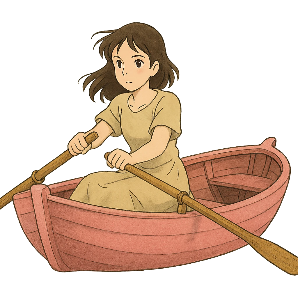 woman rowing a pink boat in ghibli style emoji