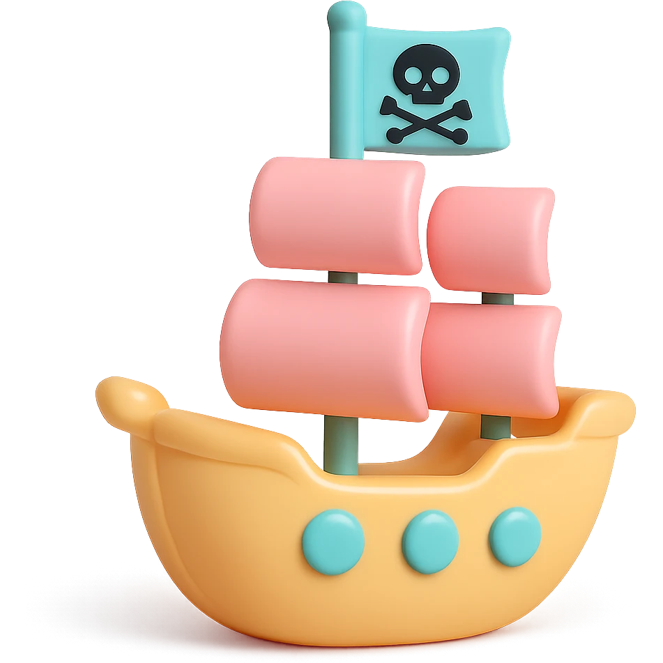 cartoon pirate ship with sails and flag, smooth glossy vinyl figure, minimalist design, pastel colors emoji