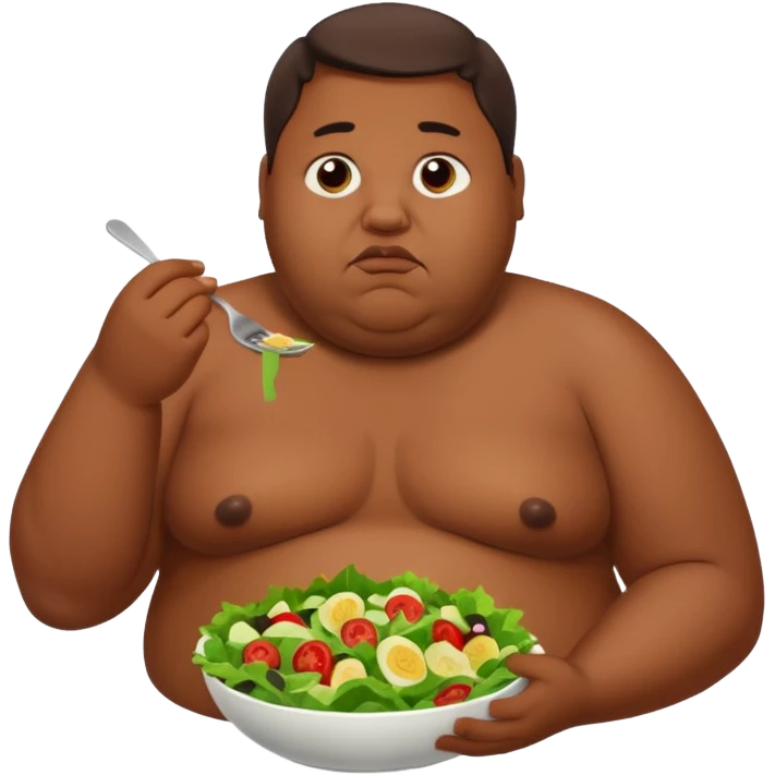 Obese brown man topless eating salad, sad emoji