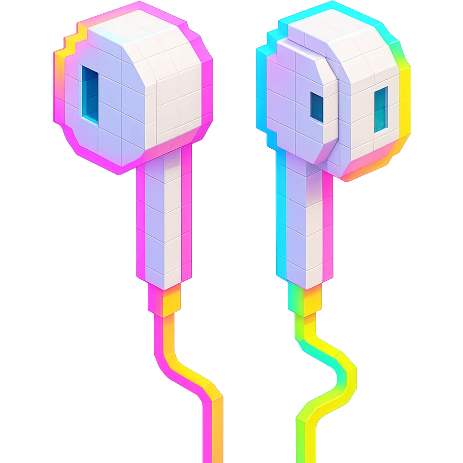 white EarPods headphones with a playful twist, glowing with neon colors emoji