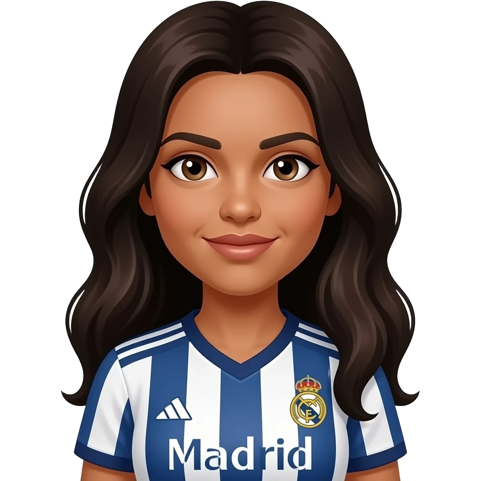 Buat wanita asal berazil kulit sawo matang rambut panjang warna coklat kehitaman menggunakan baju madrid emoji