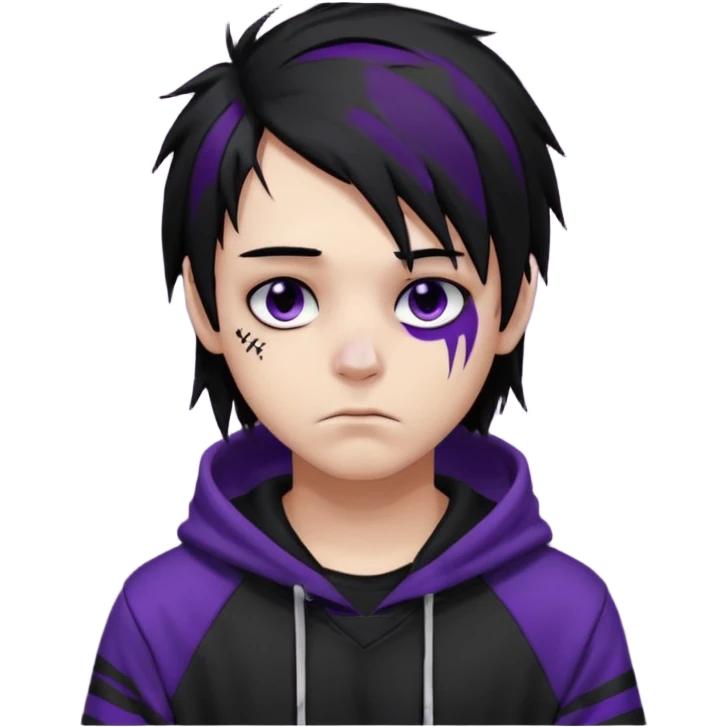 emo teen boy with long one-side messy black hair, dark hoodie with white and purple striped sleeves, piercings on his nose, dark eyeshadow emoji
