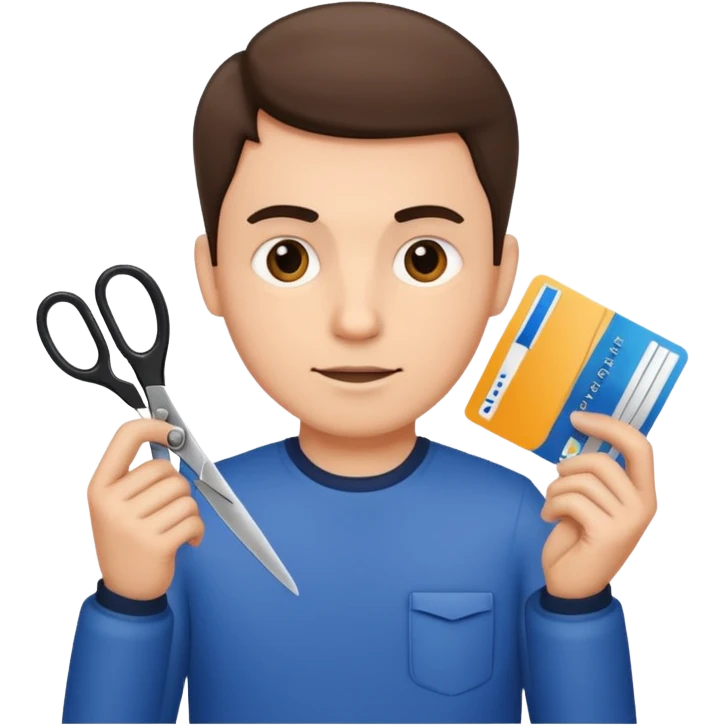 Scissors cutting man ID card in 2 parts. Realistic emoji