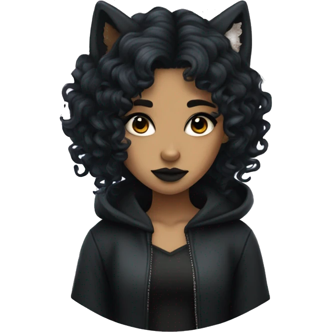 Goth girl with olive skin tone and a long black curly wolf cut emoji