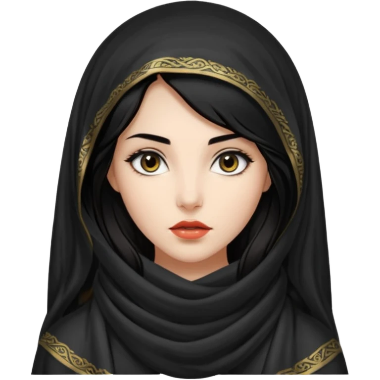 Apariencia: Mujer joven, morena, de gran belleza y porte misterioso.
-Rostro: Ojos grandes y negros, mirada intensa y fija; labios marcados.
-Cabello: Negro, largo y brillante, suele ir cubierto parcialmente por un velo o pañuelo oriental. Cuerpo conpleto emoji