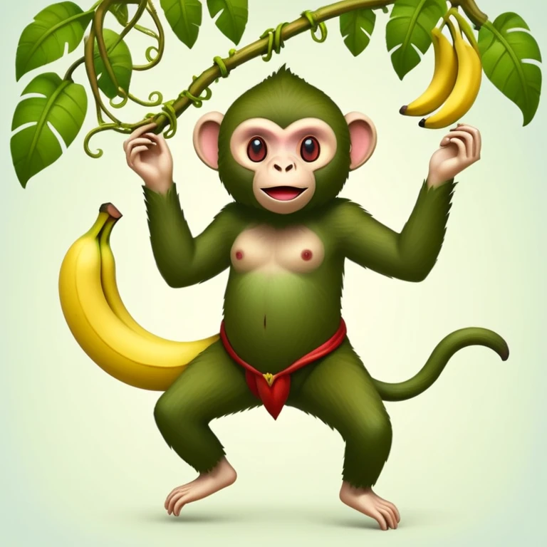 A surreal hybrid creature that is half monkey (top) and half banana (bottom). Green monkey with red facial features on top, and an opened banana peel forming the lower body. Set in a jungle with hanging vines and soft light filtering through trees emoji