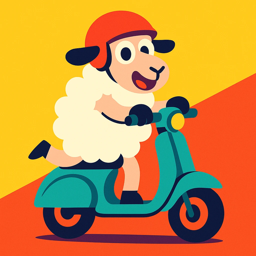 sheep riding a scooter, vibrant and playful emoji