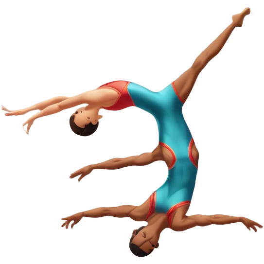 Two acrobats performing a dynamic mid-air flip, showcasing strength and balance. One is supporting the other in an elegant aerial position. The background features an indoor gym with bright lighting, a professional atmosphere, and a slight blur of the audience in the distance emoji