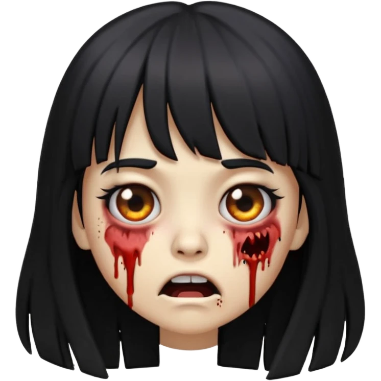 zombie girl emoji with black eyes, long black hair with bangs, desperate expression emoji