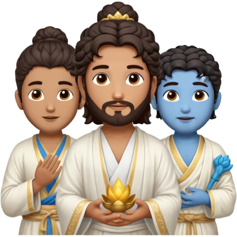 Create a Jesus - men long wavy dark-brown hair, short beard, wearing a simple white robe., Krishna- men blue skin with dark curled hair , and Buddha standing together. Buddha: men warm golden or light tan skin, dark curled hair with a traditional top bun (ushnisha)

 emoji