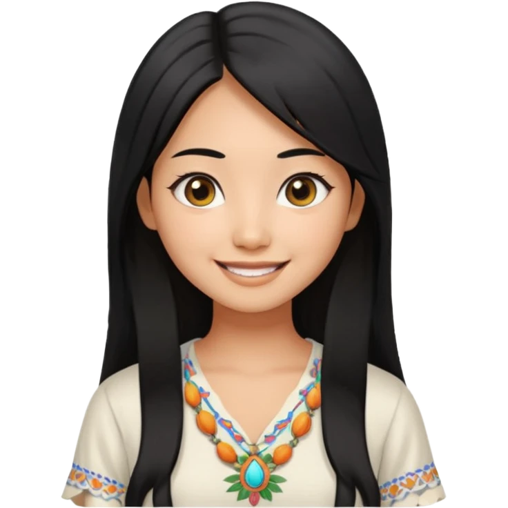 30 yr old asian woman center parted hair big eyes big smile tanned skin straight black hair hippie part hair white blouse emoji