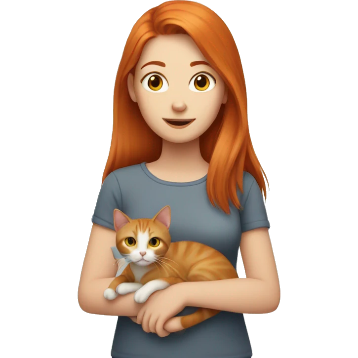 Girl with ginger hair holding a grey cat emoji