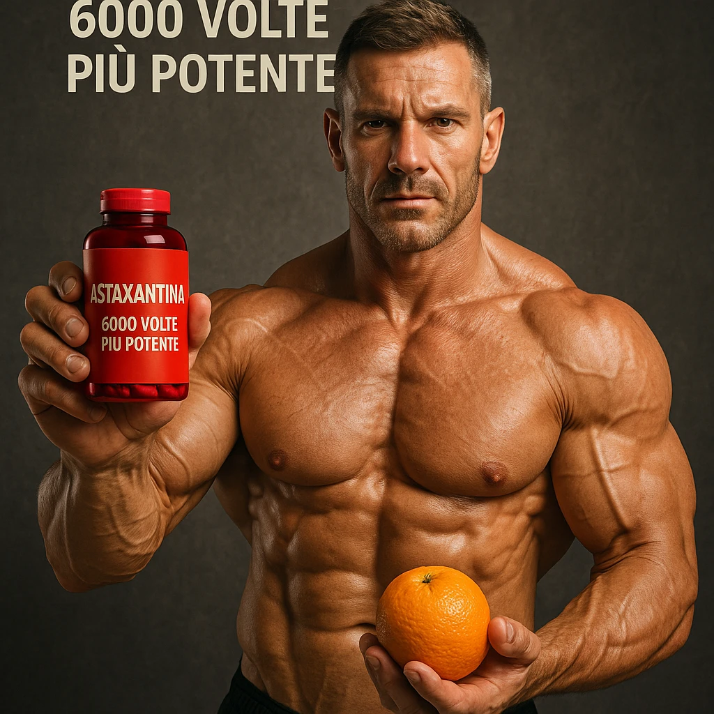 hyper realistic bodybuilder showing red astaxanthin bottle and orange, sculpted muscles, text 'Astaxantina: 6000 volte più potente', motivational atmosphere, realistic details emoji