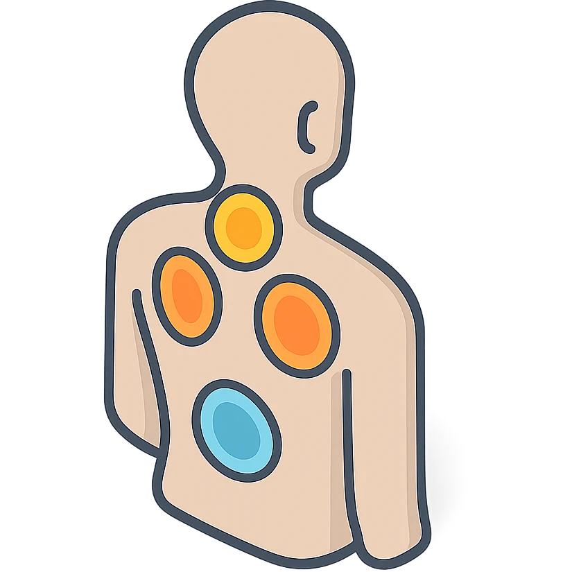 Silhouette of a back with pain zones highlighted by color: yellow in the neck, blue in the lower back, and orange in the shoulder blades. Style: 2D Isometric with clear shadows and highlights, transparent background. emoji