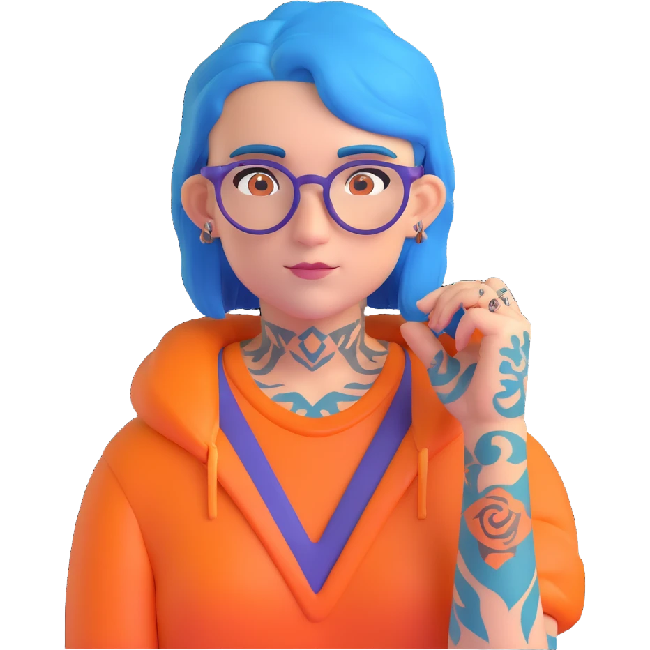 character with blue hair, glasses, and visible tattoos emoji
