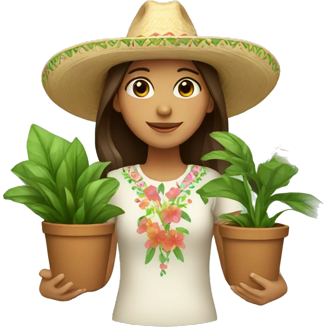 Girl with brown hair wearing a sombrero holding plants emoji