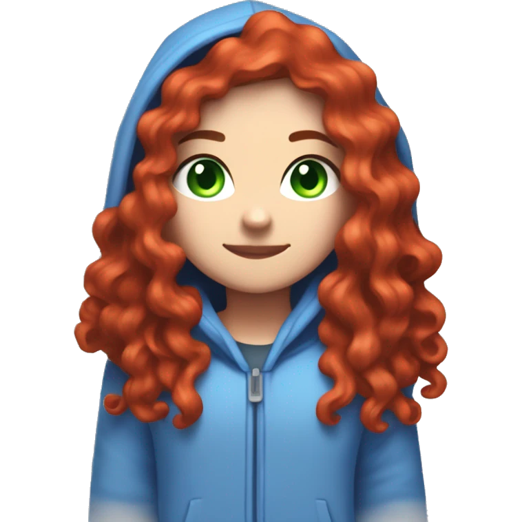 a white girl with long red curly hair, wearing periwinkle Minecraft hoodie playing a videogame emoji