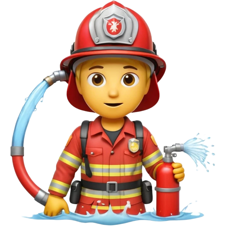 A 3D Apple-style yellow emoji character dressed as a firefighter in a bright red uniform and helmet, holding a fire hose spraying water forward, determined expression with cartoonish eyes, water splashing effect, clean minimal background emoji