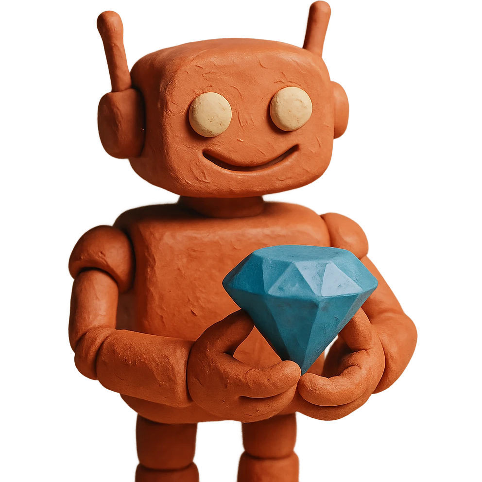 smiling robot holding a blue diamond emoji