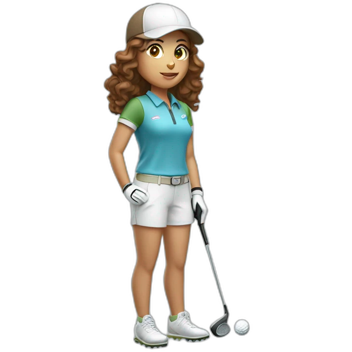 female with brown wavy hair dressed in golfwear with golf gear emoji