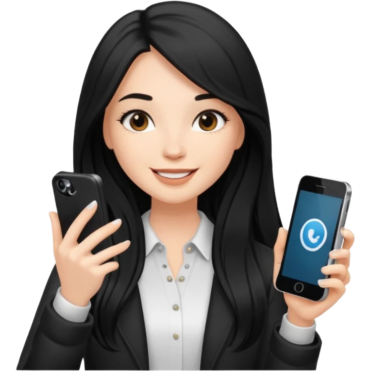 White influencer girl with black long haired, phone in hand, recording herself, confident, trendy, emoji