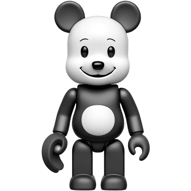 Bearbrick figure with KAWS style but with a happy smile instead of X eyes, simplified toy bear shape with articulated limbs emoji