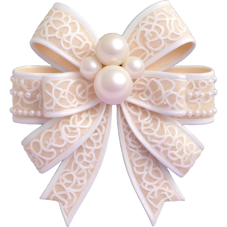 Change the bow to a double-layered lace bow, keep pearls and white Chanel logo, elegant, glossy, black and white, 3D emoji style, with no background emoji