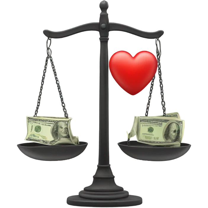 A scale, with a big red heart on one side and a wad of dollars on the other. emoji
