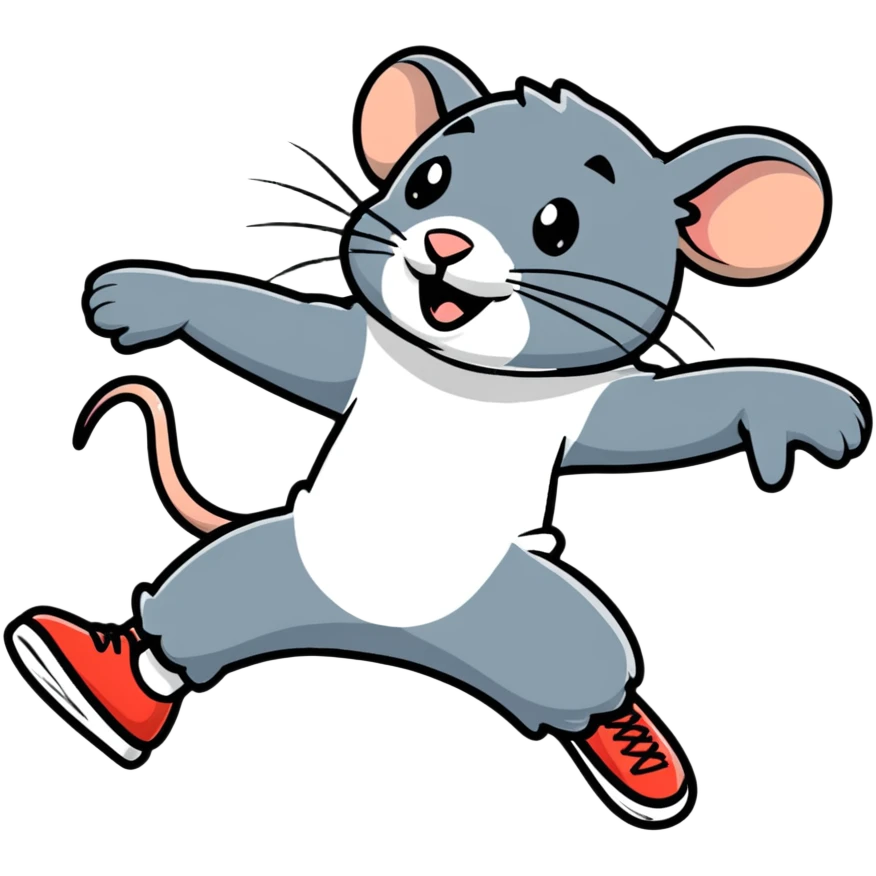 Rat in dynamic breakdance freeze pose with excited expression emoji