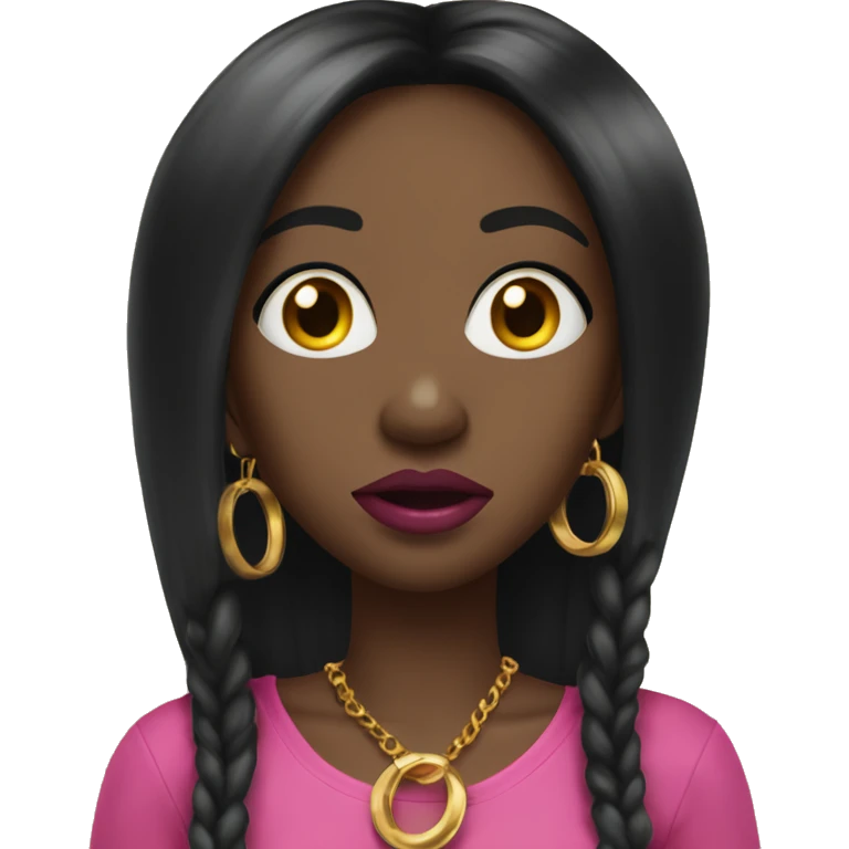 Shocked Black girl with long black straight hair and pink lipstick with gold hoop earrings and and a gold necklace  emoji