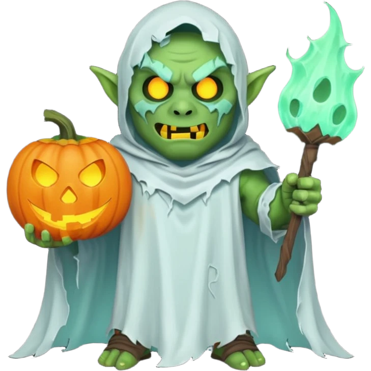 male orc warrior ghost emoji, green skin, wearing torn white ghost sheet costume, holding glowing jack-o'-lantern, faint blue aura, friendly but spooky expression, Halloween fantasy theme, Apple emoji style, clean white background, square emoji