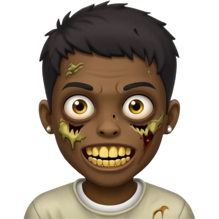 Make a boy zombie dark skin and short black 4c hair, showing a golden grilz teeth emoji