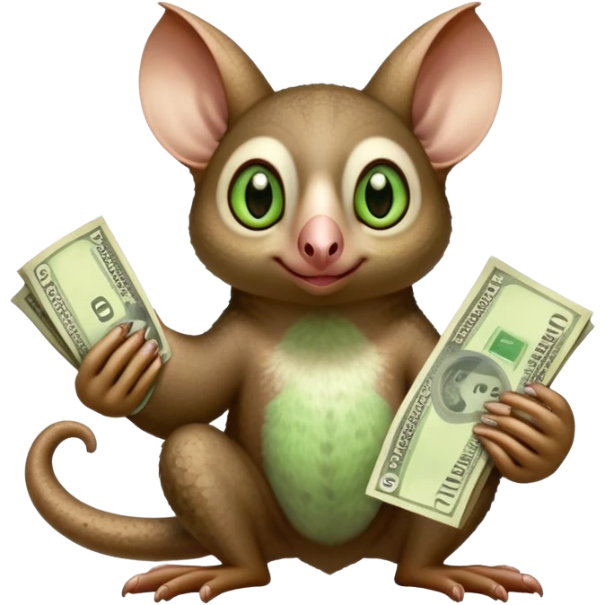 Flying lemur with big ears and green eyes named momo with money emoji