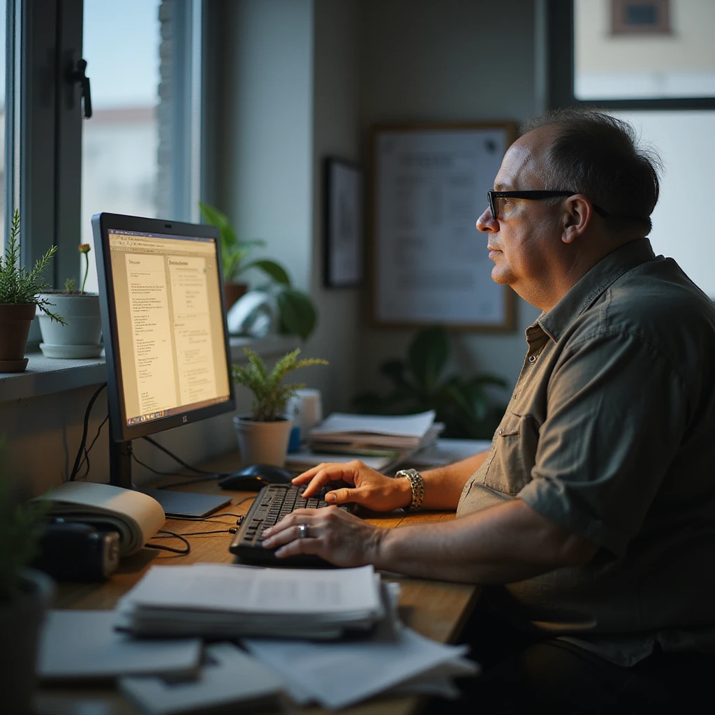 Office: slim colleague working quickly, obese person looking at monitor with lost air, desk full of messy notes, realistic atmosphere, hyperrealistic 4K details. emoji