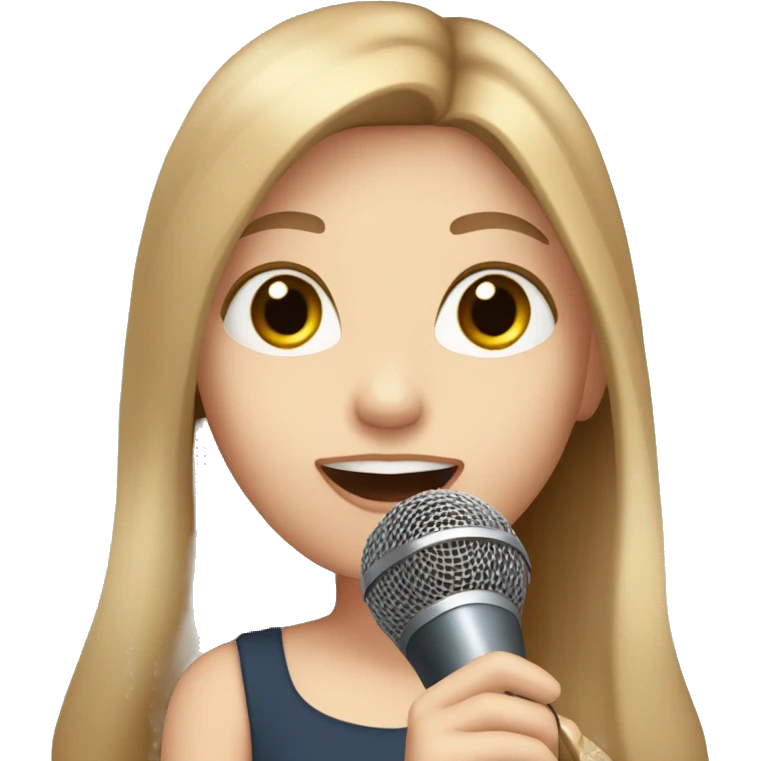 a girl with long brown hair, hazel eyes, pale skin, singing into a microphone emoji
