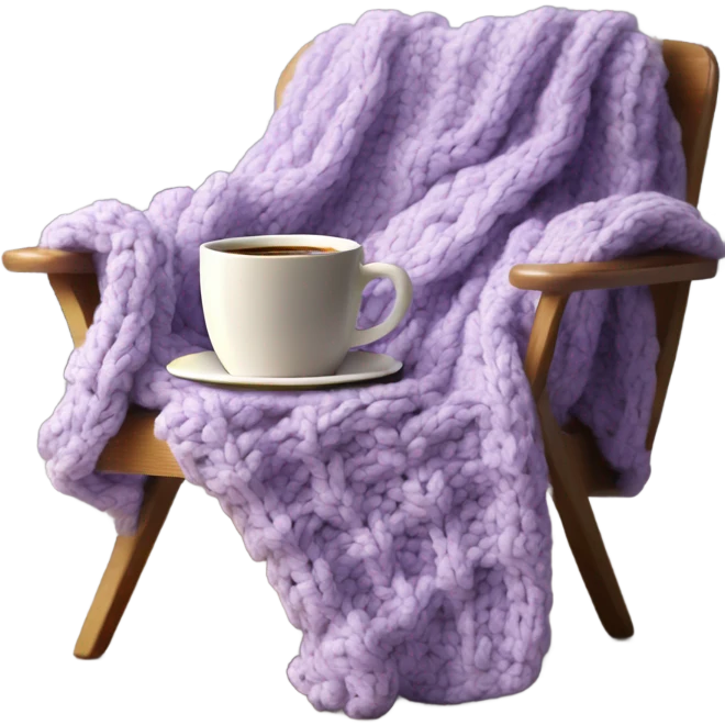 Design an inviting emoji of a chunky knit blanket folded on a comfy chair, with a cup of coffee nearby, evoking a cozy home setting.light purple emoji