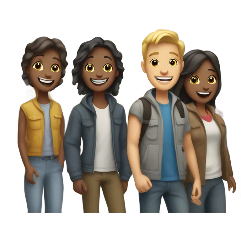 smiling friends outdoors by street emoji
