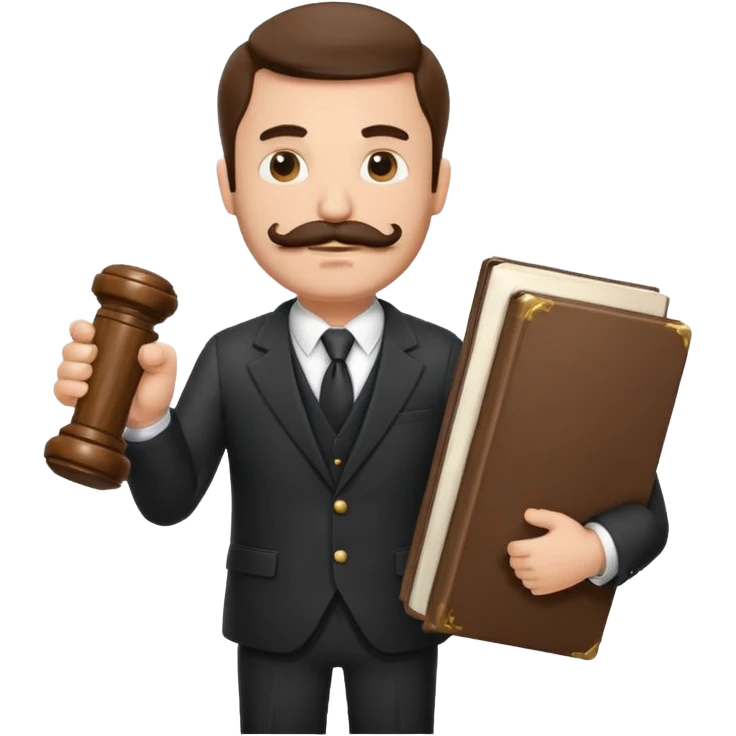 Create a male lawyer. he is wearing a fromal suit jckeret. He is holding a gavel in one hand and a book tucked under his another arm. He has a mustache and BEARD both! emoji