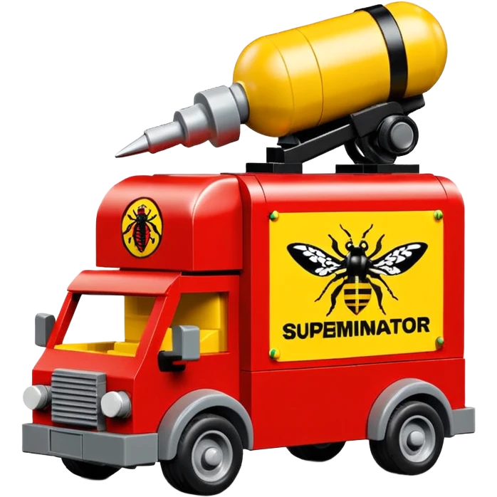 Heroic Lego SuperBug Ron’s exterminator superminator antique tall moving van (motto: Bombing creepy bugs is fun) emoji