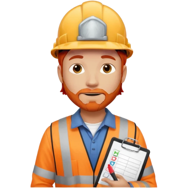 A safety construction worker who is male and has red hair, no beard but slight facial scruff from time to time. He needs a hard hat and maybe a clipboard with a check list for his safety checks. emoji