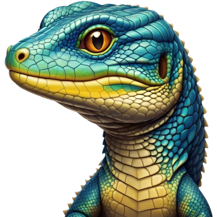 Cinematic Noble Monitor Lizard Portrait Emoji, Poised and regal, with a robust, scaled body exhibiting striking, mottled patterns and piercing, alert eyes, Simplified yet sharp and sophisticated features, highly detailed, glowing with a soft, earthy glow, high shine, intelligent and formidable, stylized with an air of ancient wilderness, focused and commanding, soft glowing outline, capturing the essence of a watchful and confident reptilian guardian that appears ready to stride out of the screen with effortless authority! emoji