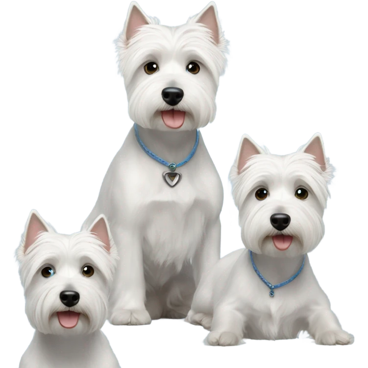  3 westie dogs with lady short gray hair and blue eyes emoji