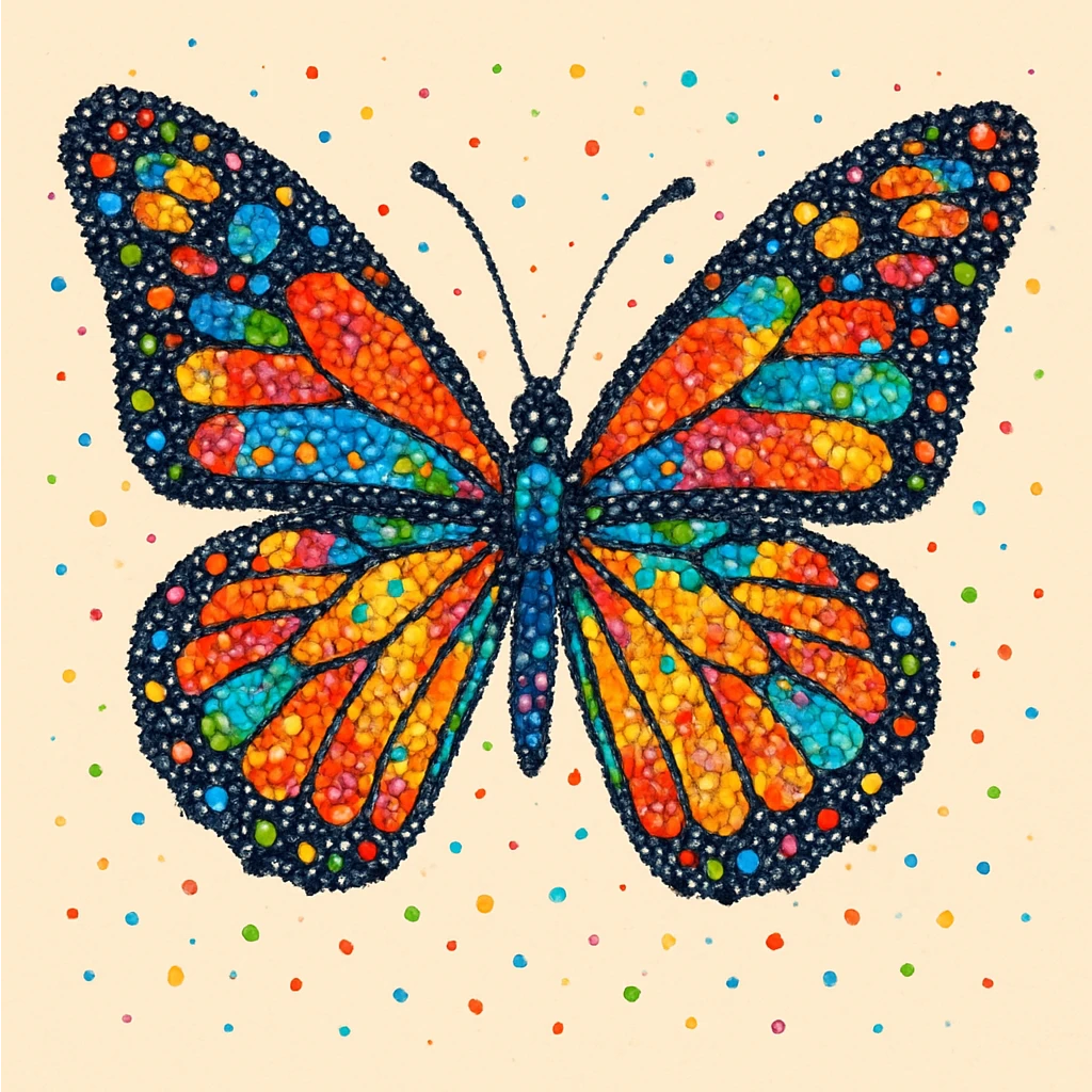 A colorful butterfly with intricate wing patterns, composed entirely of vibrant dots of various sizes and colors creating a beautiful pointillist effect emoji