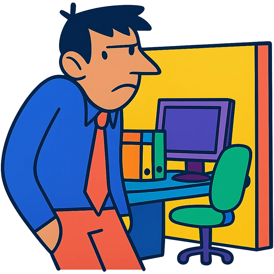 person with exaggeratedly sloping shoulders, looking away, at an office cubicle, symbolizing shirking responsibility emoji