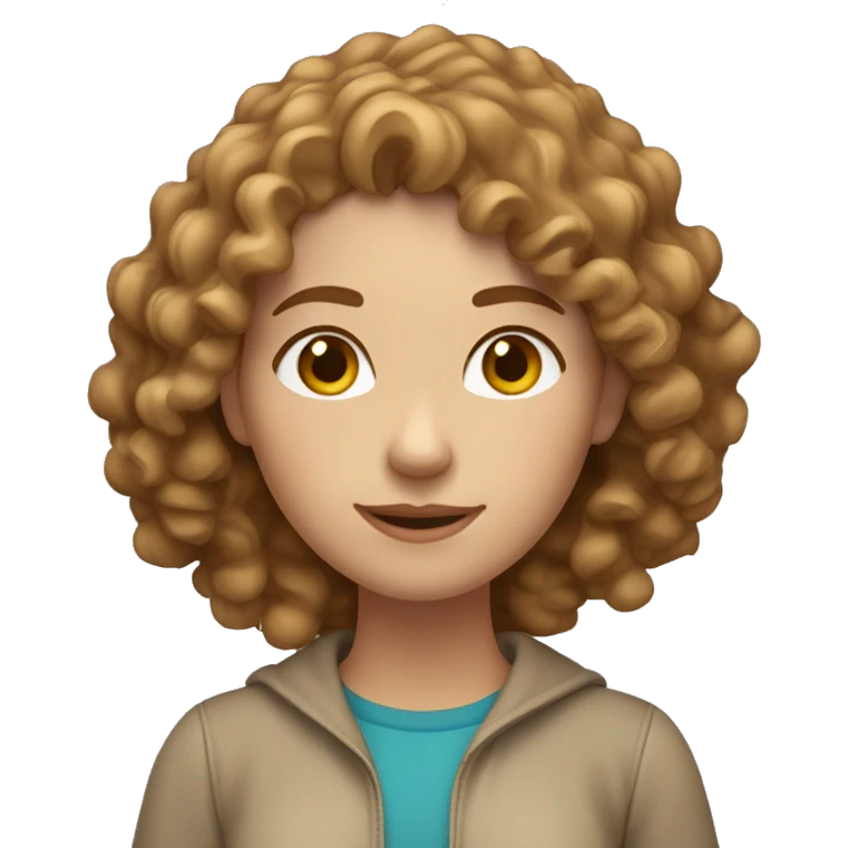 Create a 3D emoji-style image of a young woman with curly light brown hair, fair skin, and wearing neutral-colored clothing. She should have a friendly and confident expression. emoji