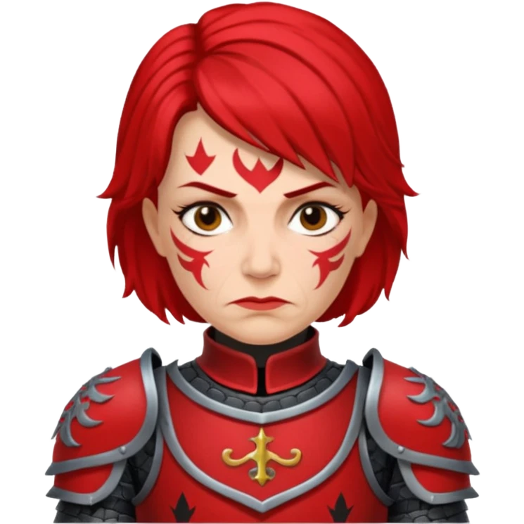 Elderly Tattooed Knights female, with medium hair, red and black armour emoji