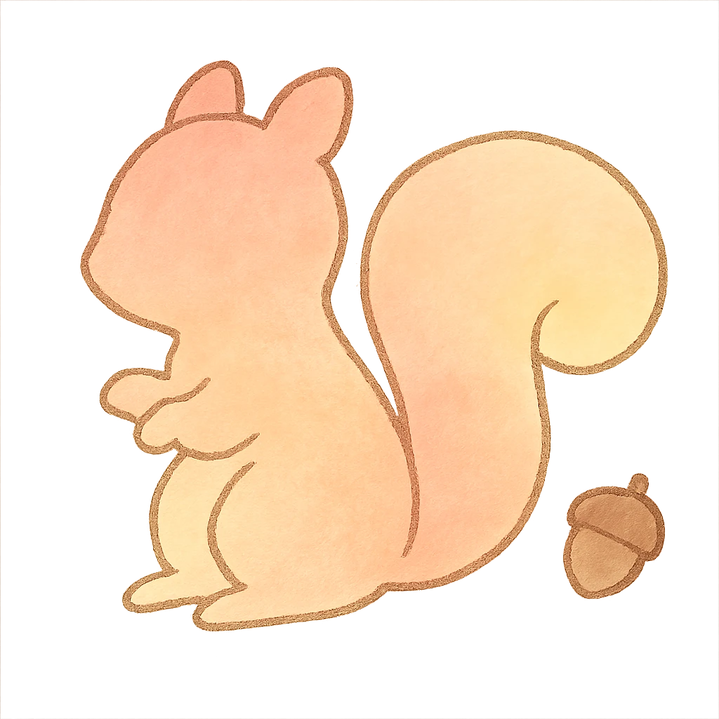 cute pastel squirrel silhouette, Japanese hand-drawn style, full object, transparent background, with a tiny acorn emoji