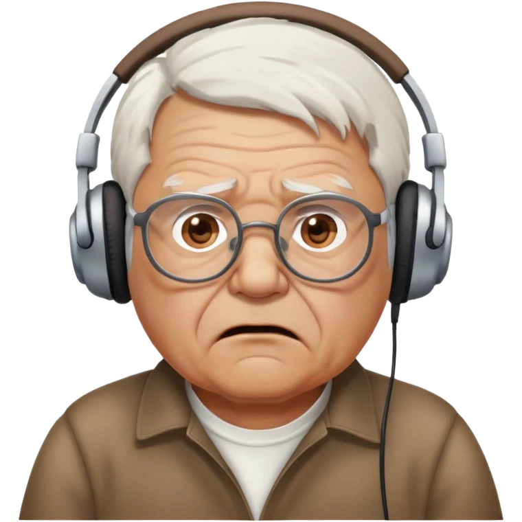 Brown old man with medium white hair, wearing glasses and headphones, looking surprised and angry, no facial hair, chubby, looking to the upper left corner emoji