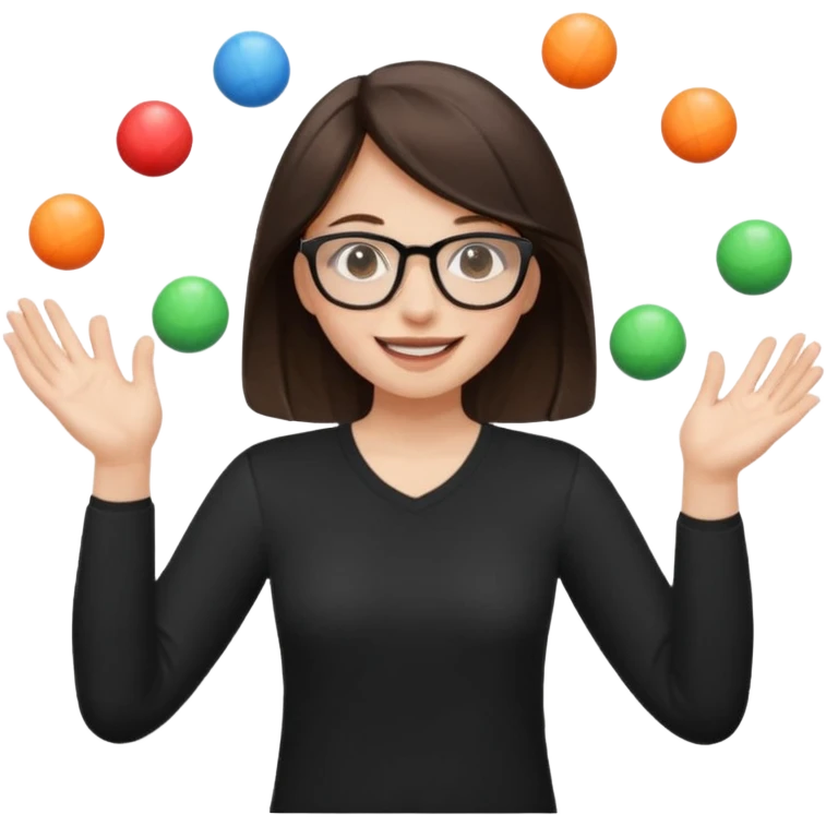 a brunette girl in a black shirt wearing glasses is  juggling  with two hands and smiling  emoji